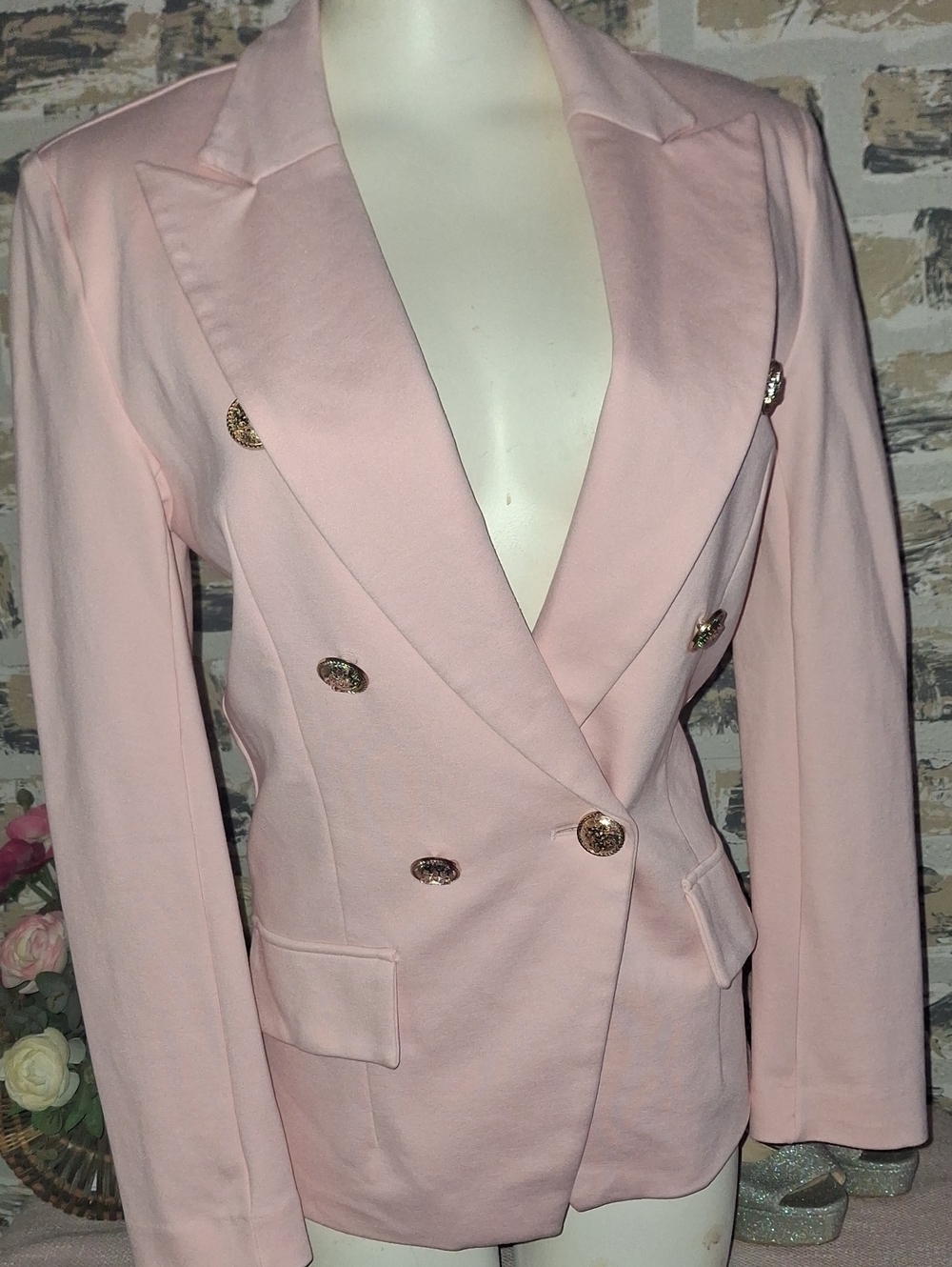 Attitude Unknown Women's Double-Breasted Ponte Blazer- Light PINK